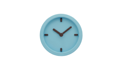 Minimalist light blue clock face with brown hands on transparent background