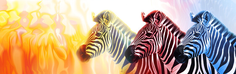 Vibrant zebras in colorful abstract background standing together