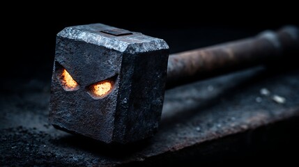 Menacing glowing eyes emerge from the dark rough head of a blacksmiths hammer resting on an anvil