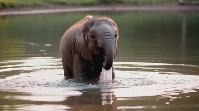 A baby elephant steps cautiously into clear water, lifts its trunk confidently, and sprays water forward only for the splash to bounce back onto its own face. video