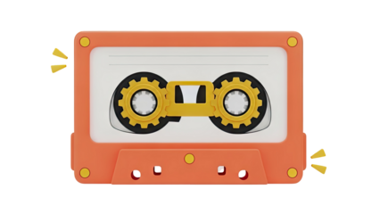 Retro audio cassette tape with orange casing and yellow accents on transparent background