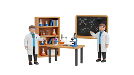 Scientists in a laboratory with beakers and molecular formulas on transparent background