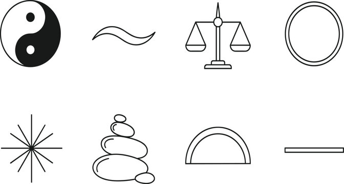 Minimalist black line icon set for philosophical balance featuring yin-yang, scales of justice, zen stones, and abstract geometric symbols.