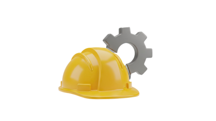 3D Yellow hard hat and gear icon on transparent background