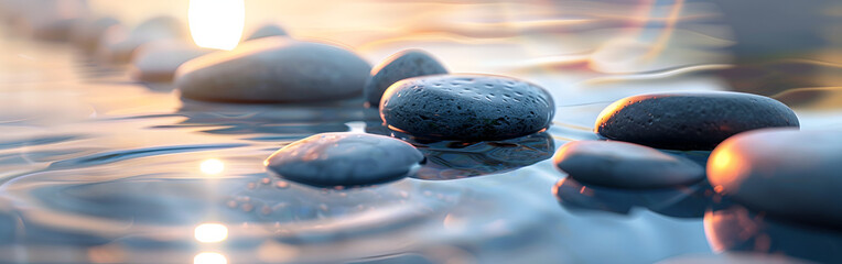 Serene smooth stones in calm water at sunset with warm light reflections