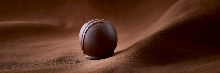 A solitary, beautifully crafted dark chocolate egg rests on a smooth, undulating surface of rich cocoa powder