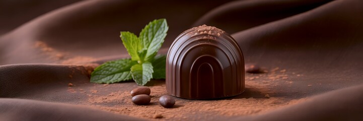 Decadent Chocolate Praline with Fresh Mint and Cocoa Powder Sprinkled on a Rich Brown Fabric Background