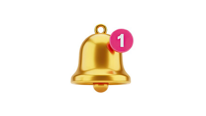 Golden notification bell with number 1 badge on transparent background