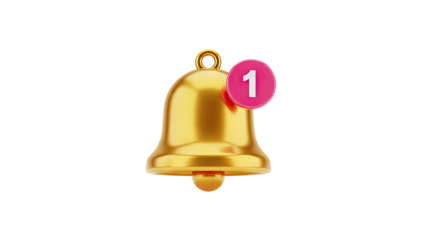 Golden notification bell with number 1 badge on transparent background