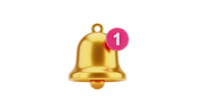 Golden notification bell with number 1 badge on transparent background - Powered by Adobe