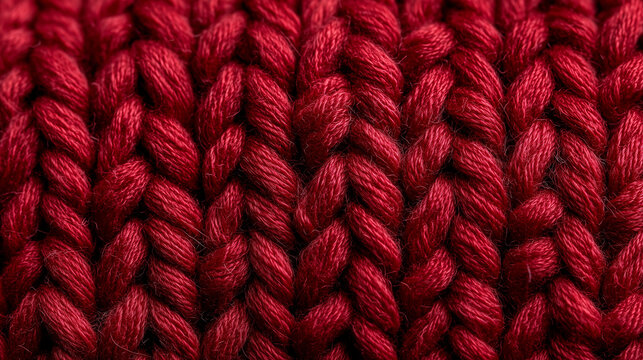 Red knitted fabric texture as background. Texture of knitted wool fabric closeup, wool fabric with cable knit pattern.