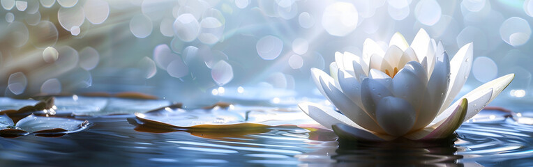 Serene white lotus flower on calm water with sunlight