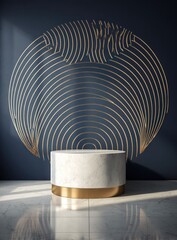 Abstract golden lines form a circular design behind a white pedestal