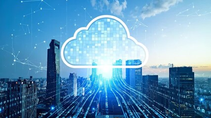 Digital cityscape with cloud graphic. Data flows descend from a cloud against a sunset sky - Powered by Adobe