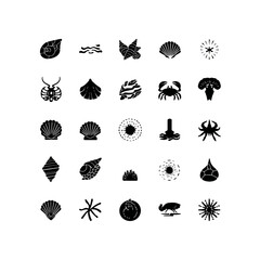 Black and white vector icons of seashells starfish and marine life