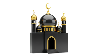Modern Mosque 3D Render with Black and Gold Elements on transparent background