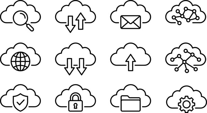 Cloud, computing, icons, set, data, storage, upload, download, security, network, server, technology, internet, backup, outline, vector, system, interface