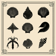 Elegant black and white shellfish illustrations in decorative frame