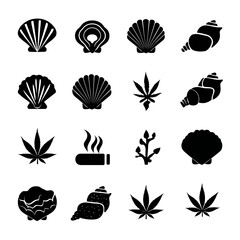 Black and white sea shells leaves and other shapes vector set