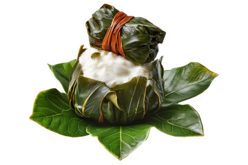 Palusami coconut cream wrapped in taro leaves and baked on a wooden bowl, isolated on white transparent background. Concept of Polynesian Cuisine