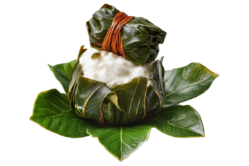 Palusami coconut cream wrapped in taro leaves and baked on a wooden bowl, isolated on white transparent background. Concept of Polynesian Cuisine