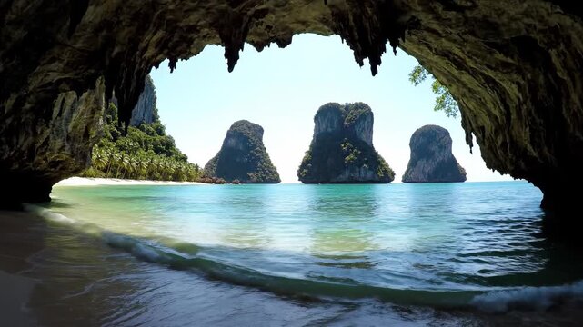 Sea view from cave opening. Rocks rising from the sea. Beach, palms in background