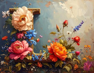 Floral composition frame adorned with assorted blossoms against a painted backdrop