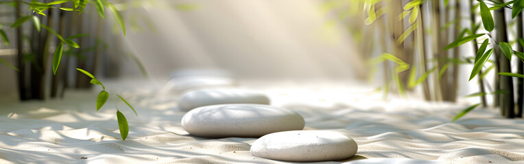 Serene zen garden with smooth white stones and bamboo
