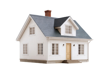 White detached house with blue roof and brick chimney home building, Isolated On White Background, Png Transparent