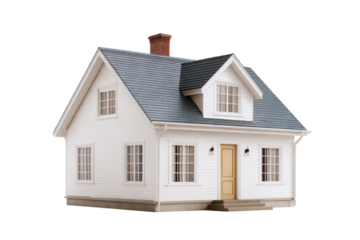 White detached house with blue roof and brick chimney home building, Isolated On White Background, Png Transparent