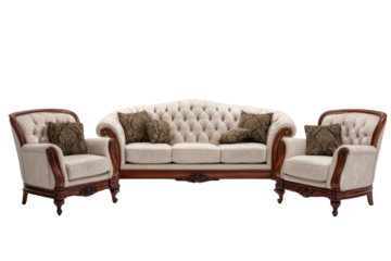 Tufted cream sofa and armchairs with ornate dark wood frames and patterned pillows furniture, Isolated On White Background, Png Transparent