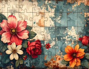 Floral design over a painted puzzle background with a vintage aesthetic