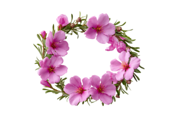 Pink flowers and green leaves arranged in a circular wreath on black background floral, Isolated On White Background, Png Transparent