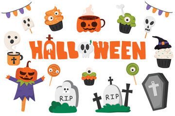 Set of cute Halloween with Halloween word handwriting design for party festival. Element for Halloween party. with ghost, sweet and something for scare.