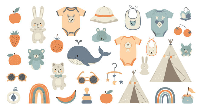Diverse collection of baby and nursery items including clothes, animals, toys, rainbow, and clouds in a soft pastel color palette.