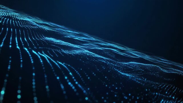A futuristic digital wave pattern illuminated in blue, flowing across a dark background, viewed from a slight angle.