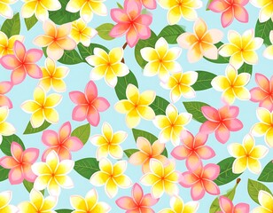 Floral pattern of colorful plumeria flowers on a light blue background