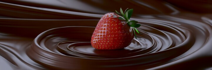 A fresh, ripe strawberry sits atop a swirling pool of rich, dark chocolate, a classic pairing of flavors