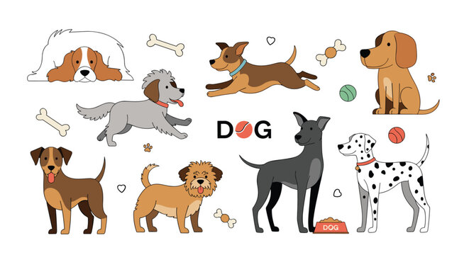 Large set of various dog breeds in different poses like sitting and running along with pet accessories such as bones and play balls.