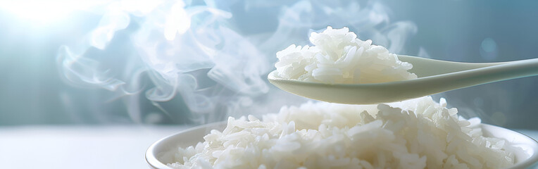 Steaming hot rice in a bowl with a spoonful