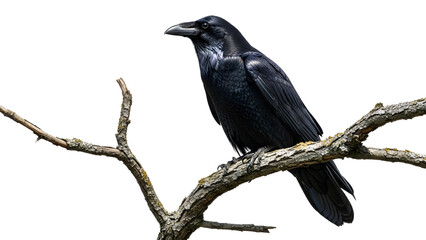 A wild black crow with detailed feathers and a sharp beak sits perched on a tree branch amidst nature, representing the corvus wildlife species like a raven or rook