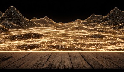 Abstract golden mountain range illustration with wooden floor and black background