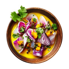 Oka Ia ceviche with raw fish, herbs, onions, and chili served in wooden bowl isolated on white transparent background, concept of traditional Polynesian cuisine