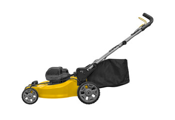 Side view yellow and black Lawn mower cart isolated on white background