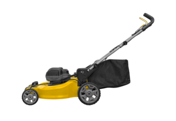 Side view yellow and black Lawn mower cart isolated on white background