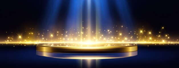 Abstract golden podium with light beams for product display and presentation