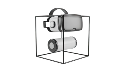 VR headset and battery in a minimalist cube frame on transparent background