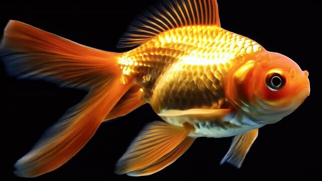 A bright golden goldfish swims against a stark black background