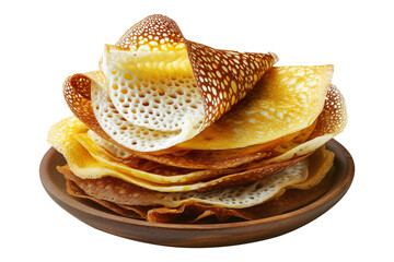 Sago Pancakes thin crepes or stack of pancakes topped with powdered sugar on wooden plate, isolated on white transparent background, Papua New Guinea breakfast
