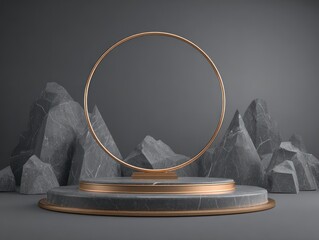 Abstract golden ring on a stone pedestal with textured rocky background